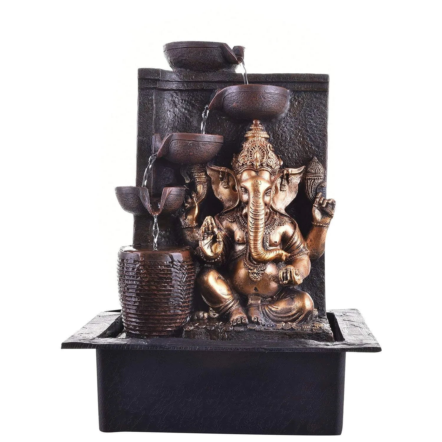 ANAVADYA Polyresin Table Top Indoor Outdoor Water Fountain with Multicolour Lights for Home Decor Showpiece Gift | Ganesha 5-Steps Indoor Table Top Fountain with LED Lights (31 X 23 X 40 Cm)