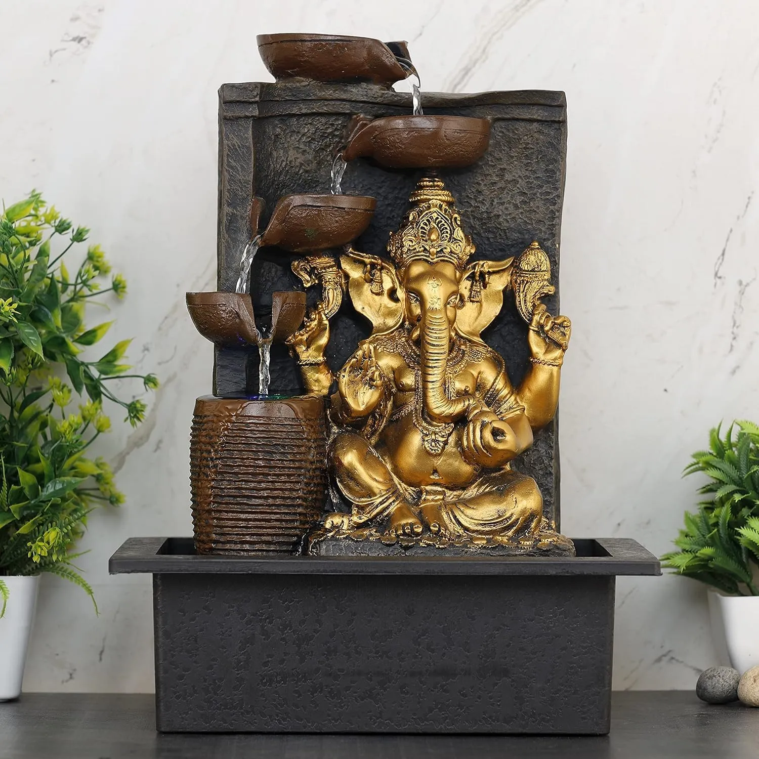 ANAVADYA Polyresin Table Top Indoor Outdoor Water Fountain with Multicolour Lights for Home Decor Showpiece Gift | Ganesha 5-Steps Indoor Table Top Fountain with LED Lights (31 X 23 X 40 Cm)