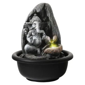Gleevers Tabletop Ganesha Water Fountain 16x16x19cm | Polyresin LED Indoor Home Office Showpiece Decor | Grey Color | Waterfall Decoration | Indoor Waterfall