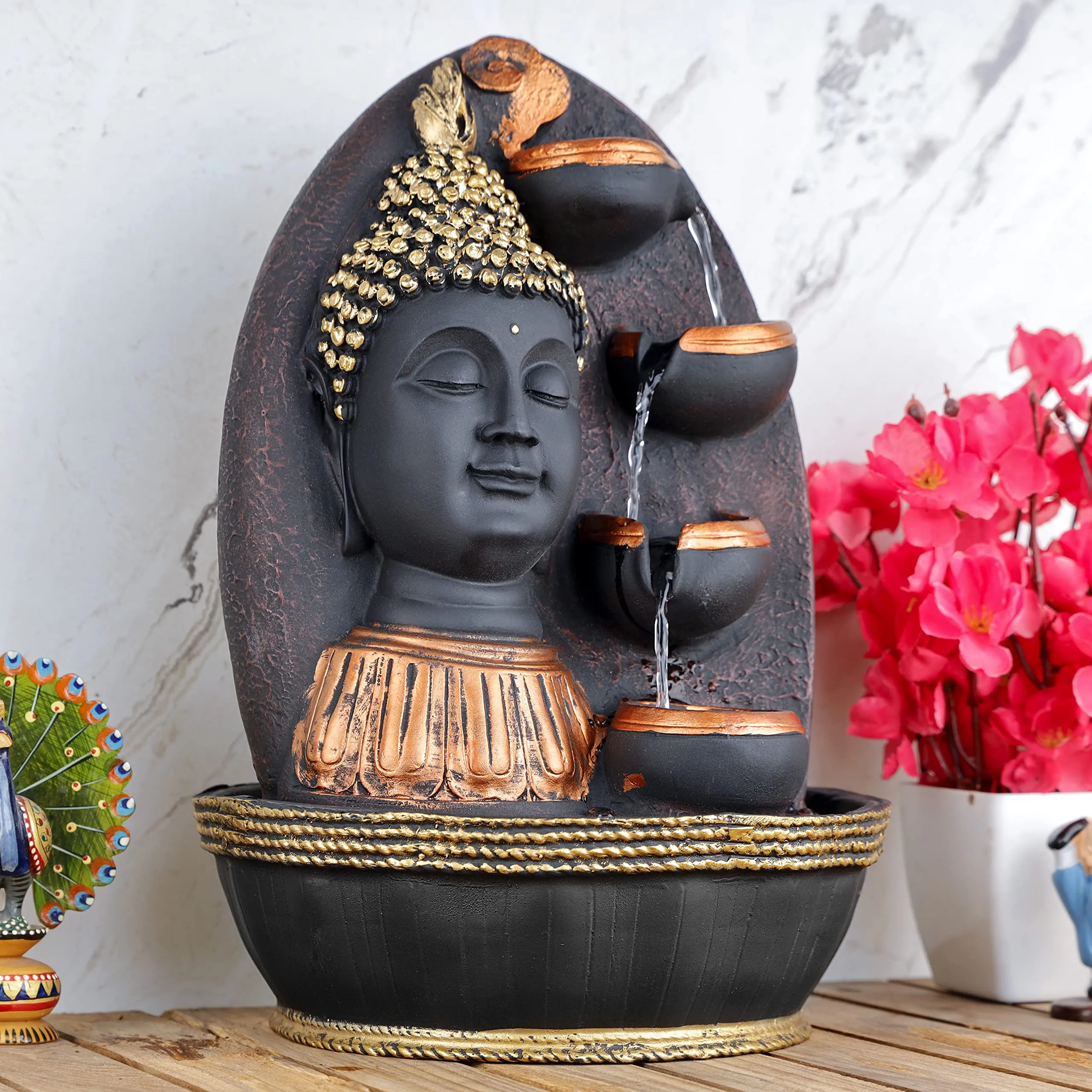 Global Grabbers Polyresin Table Top Indoor Outdoor Water Fall Fountain with LED Lights Home Decor Decoration Gift Gifting Items-GOL_BRO-B5-(000)