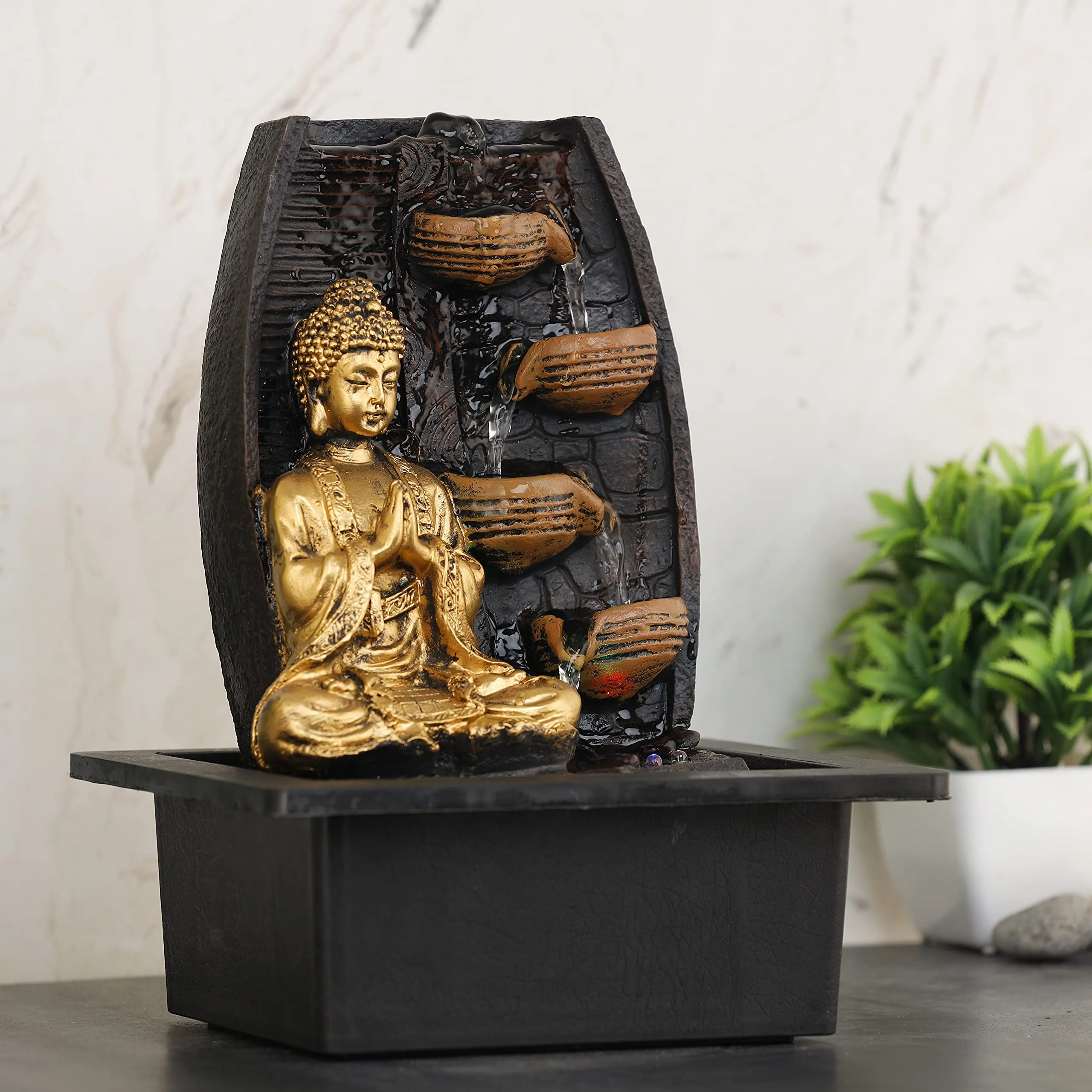 Global Grabbers Polyresin Table Top Indoor Outdoor Water Fall Fountain with LED Lights Home Decor Decoration Gift Gifting Items-GOL_BRO-SF89-(000)