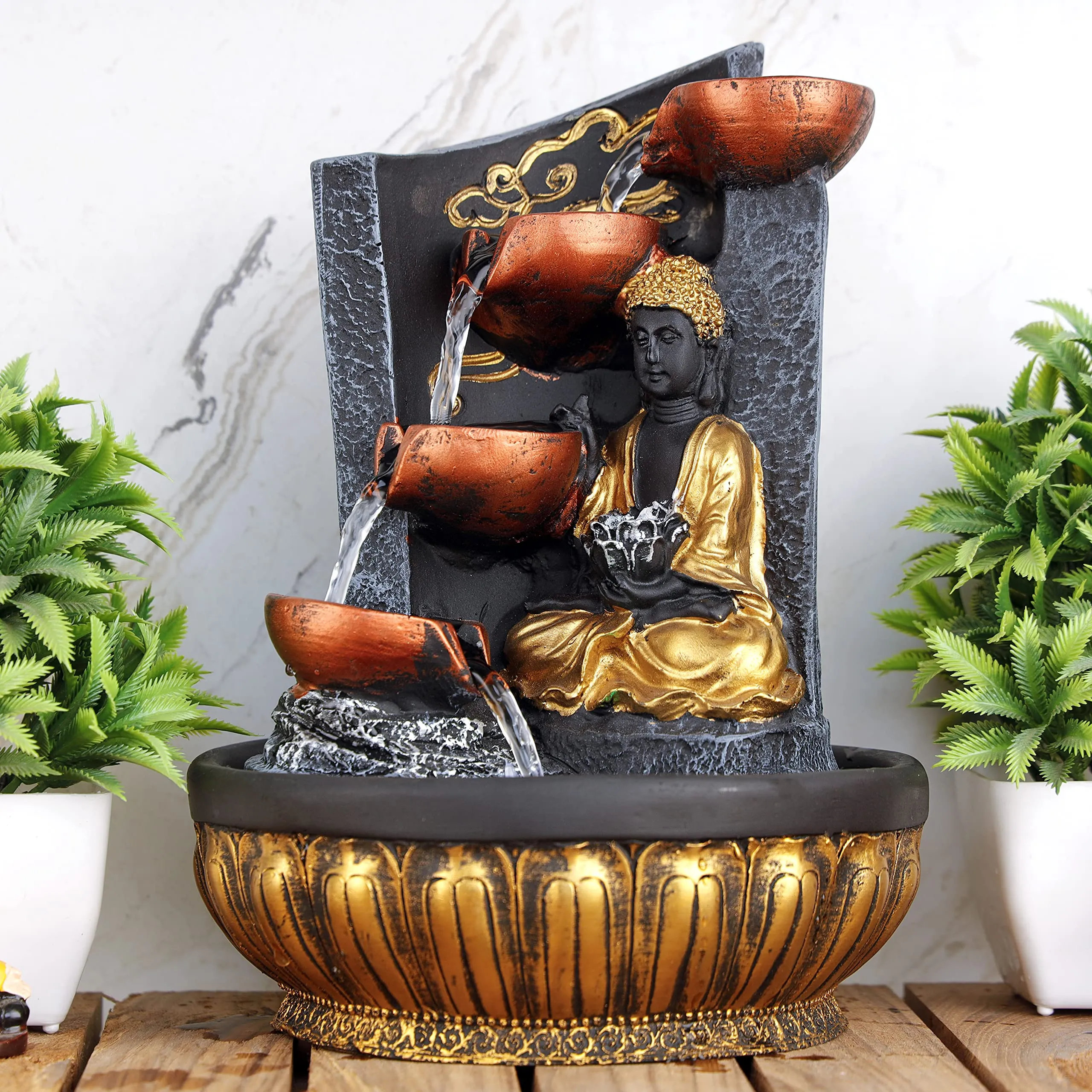 Global Grabbers Polyresin Table Top Indoor Outdoor Water Fountain with LED Lights for Home Decor Decoration Showpiece Gift Gifting Items-GOL_GRY-SG15-(0)