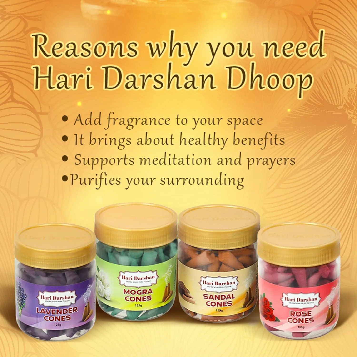 Hari Darshan Dhoop Cones Combo Pack of 4 Fragrance -125gm Each | Rose | Sandal | Lavender | Mogra | Organic Dry Dhoop | Long Lasting Fragrance for Daily Pooja, Meditation