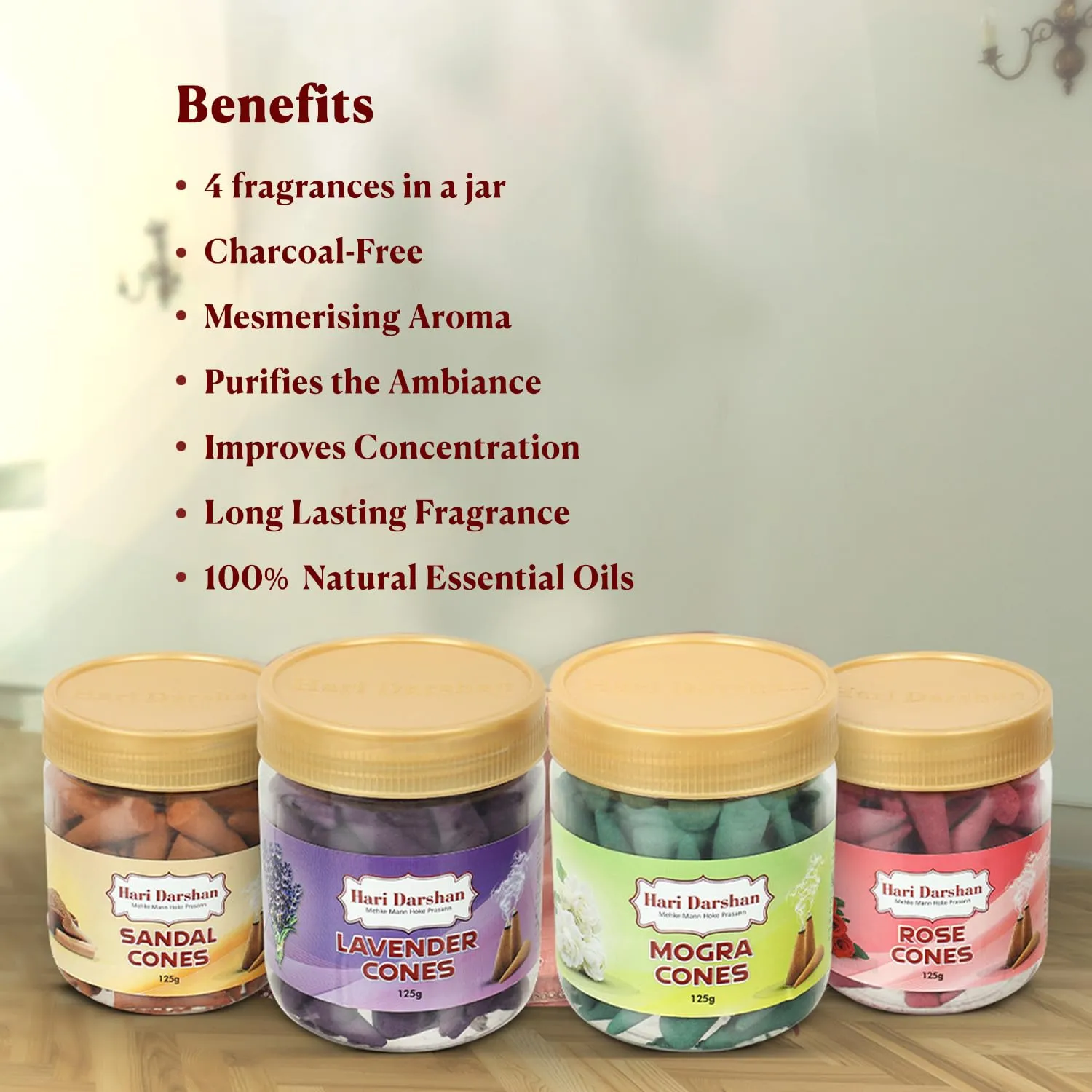 Hari Darshan Dhoop Cones Combo Pack of 4 Fragrance -125gm Each | Rose | Sandal | Lavender | Mogra | Organic Dry Dhoop | Long Lasting Fragrance for Daily Pooja, Meditation