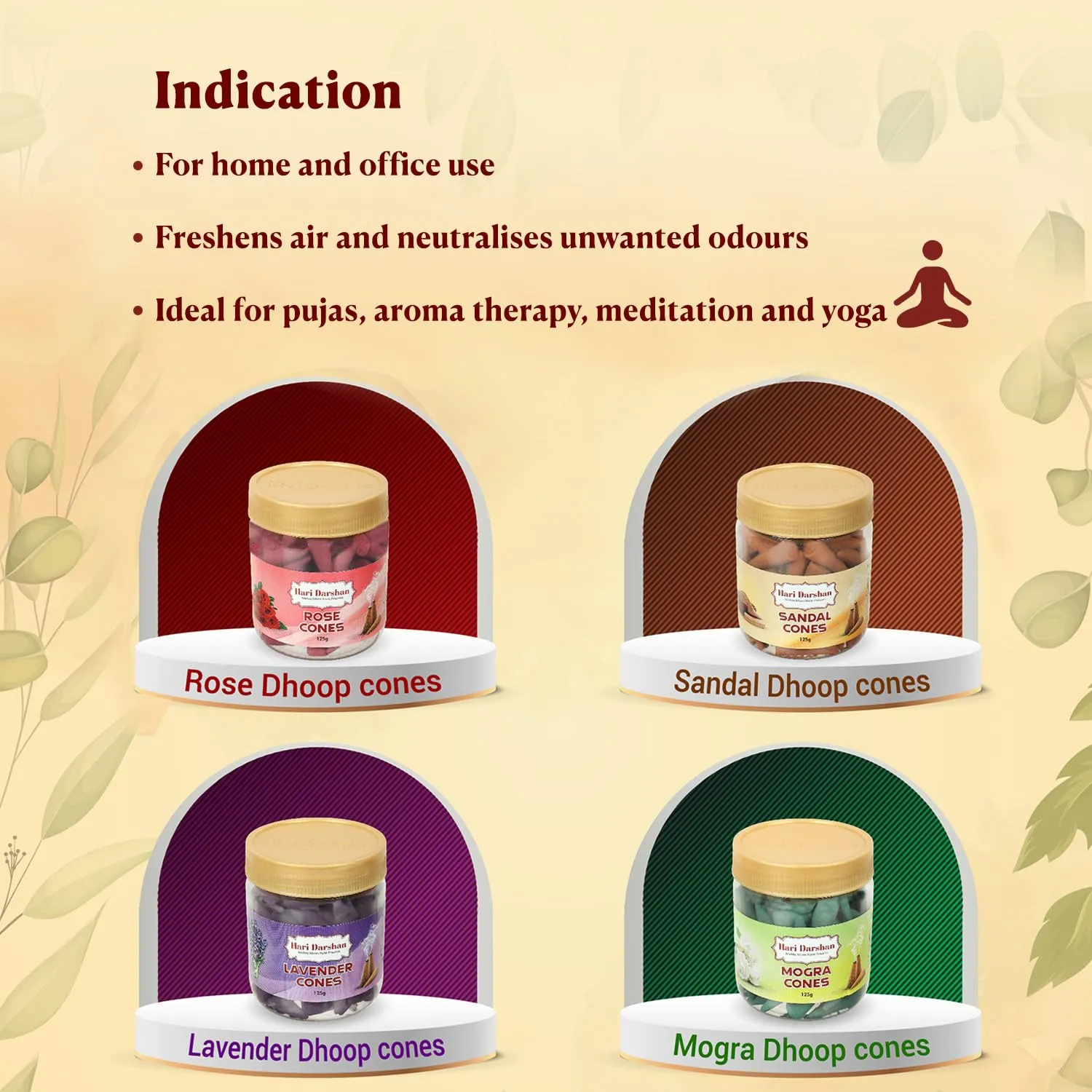 Hari Darshan Dhoop Cones Combo Pack of 4 Fragrance -125gm Each | Rose | Sandal | Lavender | Mogra | Organic Dry Dhoop | Long Lasting Fragrance for Daily Pooja, Meditation