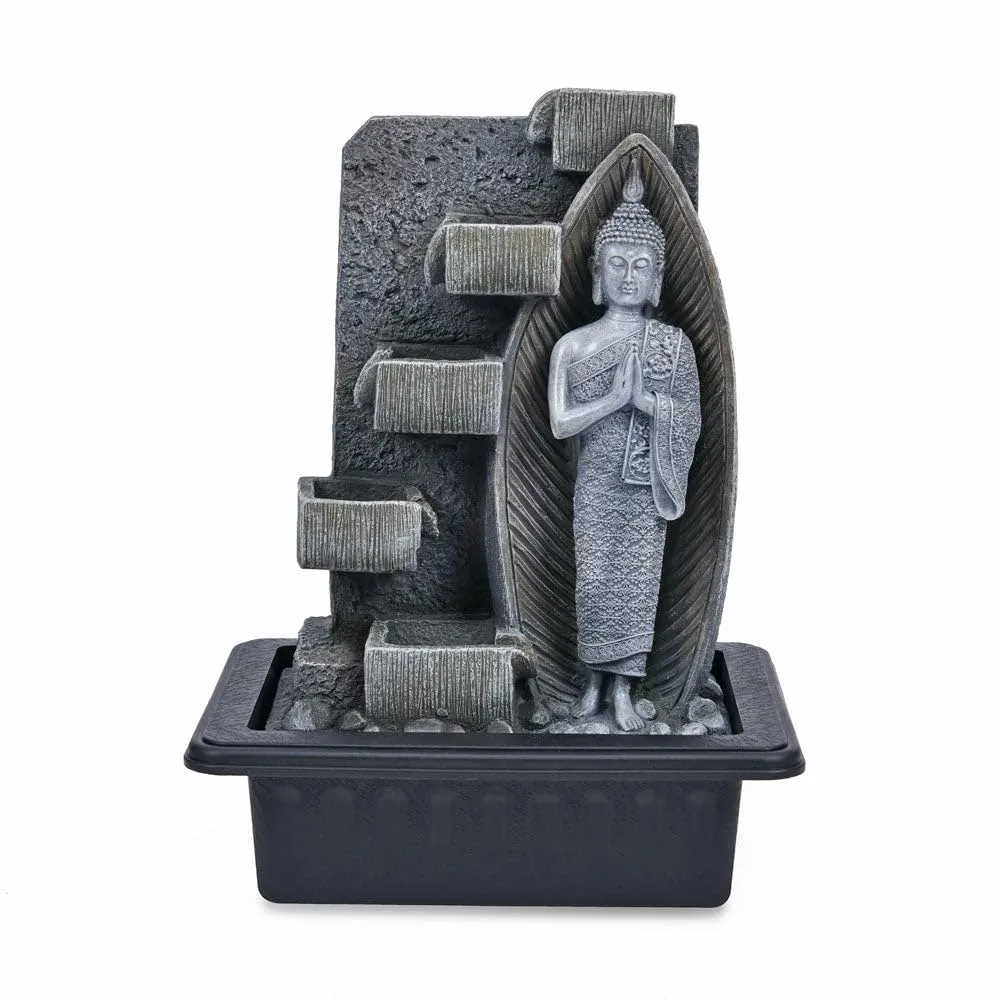 @home by Nilkamal Standing Buddha Water Fountain with LED Light | for Home Decoration, Office, Table Decor and Gifting |30.5 x 24 x 40.8 cm |Grey & Black