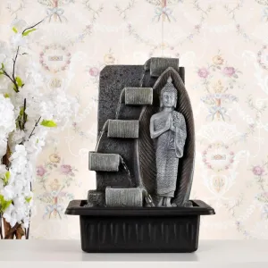 @home by Nilkamal Standing Buddha Water Fountain with LED Light | for Home Decoration, Office, Table Decor and Gifting |30.5 x 24 x 40.8 cm |Grey & Black