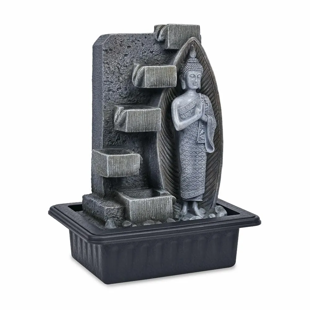 @home by Nilkamal Standing Buddha Water Fountain with LED Light | for Home Decoration, Office, Table Decor and Gifting |30.5 x 24 x 40.8 cm |Grey & Black