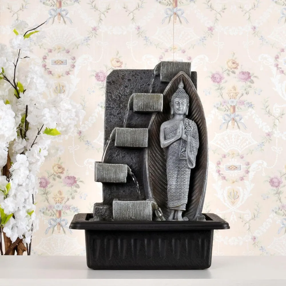 @home by Nilkamal Standing Buddha Water Fountain with LED Light | for Home Decoration, Office, Table Decor and Gifting |30.5 x 24 x 40.8 cm |Grey & Black