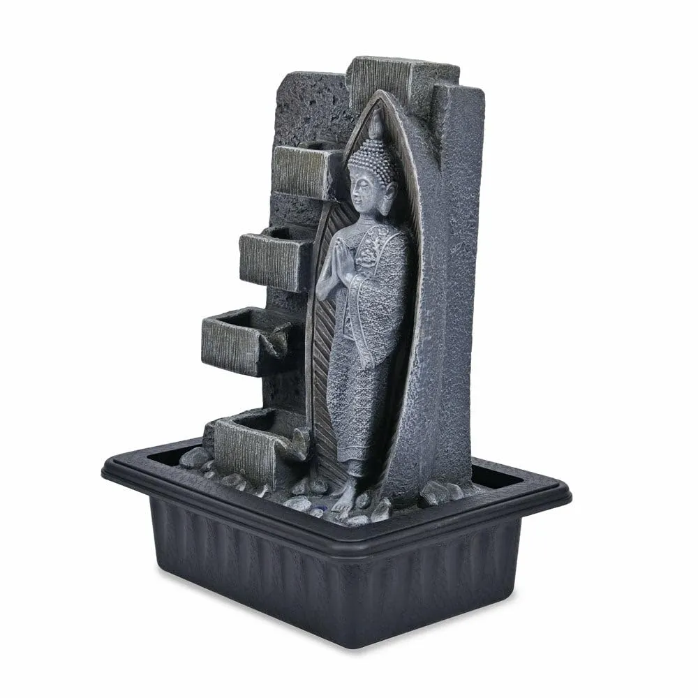 @home by Nilkamal Standing Buddha Water Fountain with LED Light | for Home Decoration, Office, Table Decor and Gifting |30.5 x 24 x 40.8 cm |Grey & Black