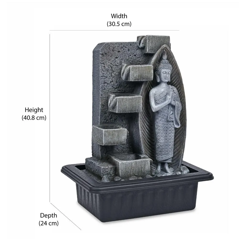 @home by Nilkamal Standing Buddha Water Fountain with LED Light | for Home Decoration, Office, Table Decor and Gifting |30.5 x 24 x 40.8 cm |Grey & Black