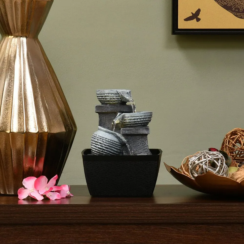 @home Decorative 3 Pots Polyresin Water Fountain for Home Decoration, Office, Table Decor and Gifting in Grey and Black by Nilkamal
