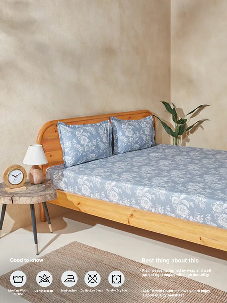 Westside Home Dark Blue Floral Printed King Bed Flat Sheet and Pillowcase Set